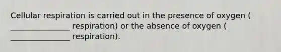 Cellular respiration is carried out in the presence of oxygen ( _______________ respiration) or the absence of oxygen ( _______________ respiration).