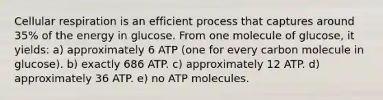 Cellular respiration is an efficient process that captures around 35% of the energy in glucose. From one molecule of glucose, it yields: a) approximately 6 ATP (one for every carbon molecule in glucose). b) exactly 686 ATP. c) approximately 12 ATP. d) approximately 36 ATP. e) no ATP molecules.