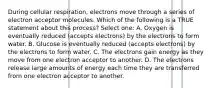 During cellular respiration, electrons move through a series of electron acceptor molecules. Which of the following is a TRUE statement about this process? Select one: A. Oxygen is eventually reduced (accepts electrons) by the electrons to form water. B. Glucose is eventually reduced (accepts electrons) by the electrons to form water. C. The electrons gain energy as they move from one electron acceptor to another. D. The electrons release large amounts of energy each time they are transferred from one electron acceptor to another.