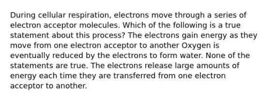 During cellular respiration, electrons move through a series of electron acceptor molecules. Which of the following is a true statement about this process? The electrons gain energy as they move from one electron acceptor to another Oxygen is eventually reduced by the electrons to form water. None of the statements are true. The electrons release large amounts of energy each time they are transferred from one electron acceptor to another.