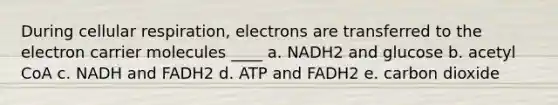 During cellular respiration, electrons are transferred to the electron carrier molecules ____ a. NADH2 and glucose b. acetyl CoA c. NADH and FADH2 d. ATP and FADH2 e. carbon dioxide