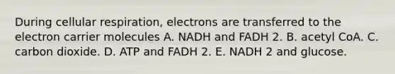 During cellular respiration, electrons are transferred to the electron carrier molecules A. NADH and FADH 2. B. acetyl CoA. C. carbon dioxide. D. ATP and FADH 2. E. NADH 2 and glucose.