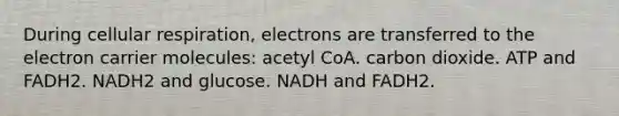 During cellular respiration, electrons are transferred to the electron carrier molecules: acetyl CoA. carbon dioxide. ATP and FADH2. NADH2 and glucose. NADH and FADH2.