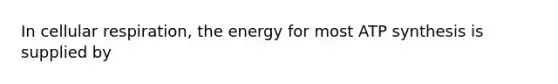 In cellular respiration, the energy for most ATP synthesis is supplied by