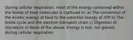 During cellular respiration, most of the energy contained within the bonds of food molecules is captured in: a) The conversion of the kinetic energy of food to the potential energy of ATP b) The Krebs cycle and the electron transport chain c) Digestion d) Glycolysis e) None of the above. Energy is lost, not gained, during cellular respiration