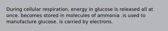 During cellular respiration, energy in glucose is released all at once. becomes stored in molecules of ammonia .is used to manufacture glucose. is carried by electrons.