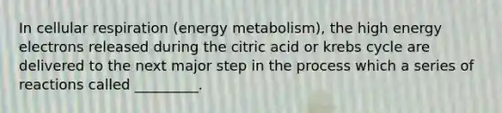 In cellular respiration (energy metabolism), the high energy electrons released during the citric acid or krebs cycle are delivered to the next major step in the process which a series of reactions called _________.