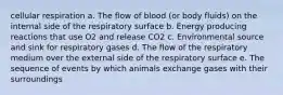 cellular respiration a. ​The flow of blood (or body fluids) on the internal side of the respiratory surface b. ​Energy producing reactions that use O2 and release CO2 c. ​Environmental source and sink for respiratory gases d. ​The flow of the respiratory medium over the external side of the respiratory surface e. ​The sequence of events by which animals exchange gases with their surroundings