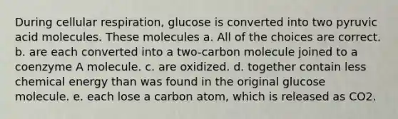 During <a href='https://www.questionai.com/knowledge/k1IqNYBAJw-cellular-respiration' class='anchor-knowledge'>cellular respiration</a>, glucose is converted into two pyruvic acid molecules. These molecules a. All of the choices are correct. b. are each converted into a two-carbon molecule joined to a coenzyme A molecule. c. are oxidized. d. together contain less chemical energy than was found in the original glucose molecule. e. each lose a carbon atom, which is released as CO2.