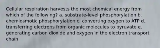 Cellular respiration harvests the most chemical energy from which of the following? a. substrate-level phosphorylation b. chemiosmotic phosphorylation c. converting oxygen to ATP d. transferring electrons from organic molecules to pyruvate e. generating carbon dioxide and oxygen in the electron transport chain