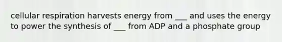 cellular respiration harvests energy from ___ and uses the energy to power the synthesis of ___ from ADP and a phosphate group