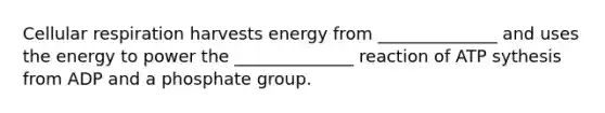 Cellular respiration harvests energy from ______________ and uses the energy to power the ______________ reaction of ATP sythesis from ADP and a phosphate group.