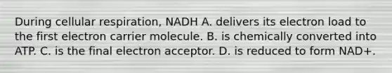 During <a href='https://www.questionai.com/knowledge/k1IqNYBAJw-cellular-respiration' class='anchor-knowledge'>cellular respiration</a>, NADH A. delivers its electron load to the first electron carrier molecule. B. is chemically converted into ATP. C. is the final electron acceptor. D. is reduced to form NAD+.