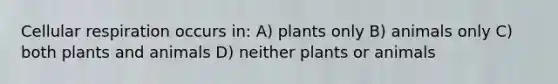 <a href='https://www.questionai.com/knowledge/k1IqNYBAJw-cellular-respiration' class='anchor-knowledge'>cellular respiration</a> occurs in: A) plants only B) animals only C) both plants and animals D) neither plants or animals