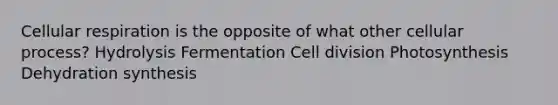 Cellular respiration is the opposite of what other cellular process? Hydrolysis Fermentation Cell division Photosynthesis Dehydration synthesis