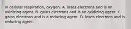 In cellular respiration, oxygen: A. loses electrons and is an oxidizing agent. B. gains electrons and is an oxidizing agent. C. gains electrons and is a reducing agent. D. loses electrons and is reducing agent.