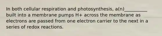 In both cellular respiration and photosynthesis, a(n)__________ built into a membrane pumps H+ across the membrane as electrons are passed from one electron carrier to the next in a series of redox reactions.