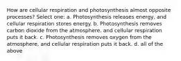 How are cellular respiration and photosynthesis almost opposite processes? Select one: a. Photosynthesis releases energy, and cellular respiration stores energy. b. Photosynthesis removes carbon dioxide from the atmosphere, and cellular respiration puts it back. c. Photosynthesis removes oxygen from the atmosphere, and cellular respiration puts it back. d. all of the above