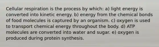 Cellular respiration is the process by which: a) light energy is converted into kinetic energy. b) energy from the chemical bonds of food molecules is captured by an organism. c) oxygen is used to transport chemical energy throughout the body. d) ATP molecules are converted into water and sugar. e) oxygen is produced during protein synthesis.