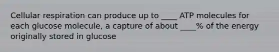 Cellular respiration can produce up to ____ ATP molecules for each glucose molecule, a capture of about ____% of the energy originally stored in glucose