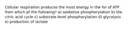 Cellular respiration produces the most energy in the for of ATP from which pf the following? a) oxidative phosphorylation b) the citric acid cycle c) substrate-level phosphorylation d) glycolysis e) production of lactate