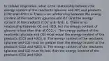 In cellular respiration, what is the relationship between the energy content of the reactants (glucose and O2) and products (CO2 and H2O)? a. There is no relationship between the energy content of the reactants (glucose and O2) and the energy content of the products (CO2 and H2O). b. There is no relationship between O2 and H2O, but the energy content of glucose is less than that of CO2. c. The energy content of the reactants (glucose and O2) must equal the energy content of the products (CO2 and H2O). d. The energy content of the reactants (glucose and O2) must be greater than the energy content of the products (CO2 and H2O). e. The energy content of the reactants (glucose and O2) must be less than the energy content of the products (CO2 and H2O).