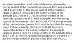 In cellular respiration, what is the relationship between the energy content of the reactants (glucose and O 2 ) and products (CO 2 and H 2 O)? A) The energy content of the reactants (glucose and O 2 ) must equal the energy content of the products (CO 2 and H 2 O). B) The energy content of the reactants (glucose and O 2 ) must be greater than the energy content of the products (CO 2 and H 2 O). C) The energy content of the reactants (glucose and O 2 ) must be less than the energy content of the products (CO 2 and H 2 O). D) There is no relationship between the energy content of the reactants (glucose and O 2 ) and the energy content of the products (CO 2 and H 2 O). E) There is no relationship between O 2 and H 2 O, but the energy content of glucose is less than that of CO 2 .