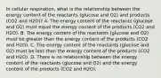 In cellular respiration, what is the relationship between the energy content of the reactants (glucose and O2) and products (CO2 and H2O)? A. The energy content of the reactants (glucose and O2) must equal the energy content of the products (CO2 and H2O). B. The energy content of the reactants (glucose and O2) must be greater than the energy content of the products (CO2 and H2O). C. The energy content of the reactants (glucose and O2) must be less than the energy content of the products (CO2 and H2O). D. There is no relationship between the energy content of the reactants (glucose and O2) and the energy content of the products (CO2 and H2O).