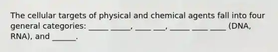 The cellular targets of physical and chemical agents fall into four general categories: _____ _____, ____ ___, _____ ____ ____ (DNA, RNA), and ______.