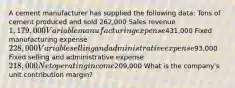 A cement manufacturer has supplied the following data: Tons of cement produced and sold 262,000 Sales revenue 1,179,000 Variable manufacturing expense431,000 Fixed manufacturing expense 228,000 Variable selling and administrative expense93,000 Fixed selling and administrative expense 218,000 Net operating income209,000 What is the company's unit contribution margin?