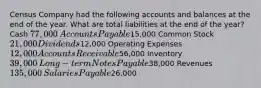 Census Company had the following accounts and balances at the end of the year. What are total liabilities at the end of the year? Cash 77,000​ Accounts Payable15,000​ Common Stock 21,000 Dividends12,000 Operating Expenses 12,000 Accounts Receivable56,000​ Inventory 39,000 ​Long-term Notes Payable38,000 ​Revenues 135,000​ Salaries Payable26,000​