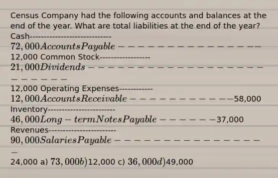 Census Company had the following accounts and balances at the end of the year. What are total liabilities at the end of the​ year? Cash-----------------------------72,000 Accounts Payable---------------12,000 Common Stock------------------21,000 Dividends------------------------12,000 Operating Expenses------------12,000 Accounts Receivable-----------58,000 Inventory------------------------46,000 Long−term Notes Payable------37,000 Revenues------------------------90,000 Salaries Payable----------------24,000 a) 73,000 b)12,000 c) 36,000 d)49,000