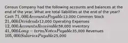 Census Company had the following accounts and balances at the end of the year. What are total liabilities at the end of the​ year? Cash 71,000 Accounts Payable13,000 Common Stock ​21,000 Dividends ​12,000 Operating Expenses ​12,000 Accounts Receivable58,000 Inventory 41,000 Long−term Notes Payable35,000 Revenues 105,000 Salaries Payable25,000