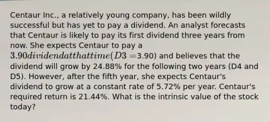 Centaur Inc., a relatively young company, has been wildly successful but has yet to pay a dividend. An analyst forecasts that Centaur is likely to pay its first dividend three years from now. She expects Centaur to pay a 3.90 dividend at that time (D3 =3.90) and believes that the dividend will grow by 24.88% for the following two years (D4 and D5). However, after the fifth year, she expects Centaur's dividend to grow at a constant rate of 5.72% per year. Centaur's required return is 21.44%. What is the intrinsic value of the stock today?