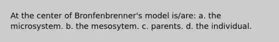 At the center of Bronfenbrenner's model is/are: a. the microsystem. b. the mesosytem. c. parents. d. the individual.