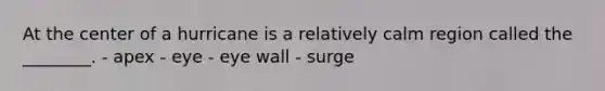 At the center of a hurricane is a relatively calm region called the ________. - apex - eye - eye wall - surge