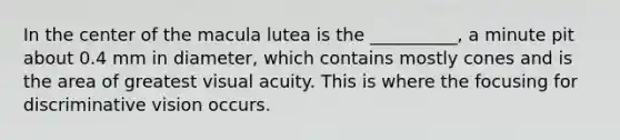 In the center of the macula lutea is the __________, a minute pit about 0.4 mm in diameter, which contains mostly cones and is the area of greatest visual acuity. This is where the focusing for discriminative vision occurs.