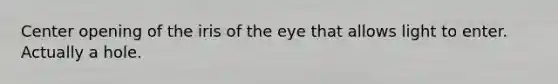 Center opening of the iris of the eye that allows light to enter. Actually a hole.