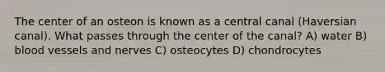 The center of an osteon is known as a central canal (Haversian canal). What passes through the center of the canal? A) water B) blood vessels and nerves C) osteocytes D) chondrocytes