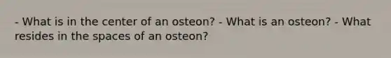 - What is in the center of an osteon? - What is an osteon? - What resides in the spaces of an osteon?