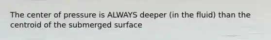 The center of pressure is ALWAYS deeper (in the fluid) than the centroid of the submerged surface