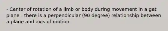 - Center of rotation of a limb or body during movement in a get plane - there is a perpendicular (90 degree) relationship between a plane and axis of motion