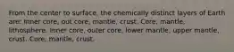 From the center to surface, the chemically distinct layers of Earth are: Inner core, out core, mantle, crust. Core, mantle, lithosphere. Inner core, outer core, lower mantle, upper mantle, crust. Core, mantle, crust.