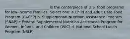 ________________________ is the centerpiece of U.S. food programs for low-income families. Select one: a.Child and Adult Care Food Program (CACFP) b. Supplemental Nutrition Assistance Program (SNAP) c.Federal Supplemental Nutrition Assistance Program for Women, Infants, and Children (WIC) d. National School Lunch Program (NSLP)