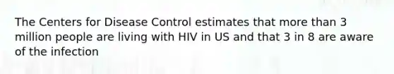 The Centers for Disease Control estimates that more than 3 million people are living with HIV in US and that 3 in 8 are aware of the infection