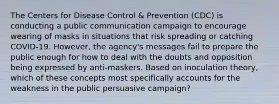 The Centers for Disease Control & Prevention (CDC) is conducting a public communication campaign to encourage wearing of masks in situations that risk spreading or catching COVID-19. However, the agency's messages fail to prepare the public enough for how to deal with the doubts and opposition being expressed by anti-maskers. Based on inoculation theory, which of these concepts most specifically accounts for the weakness in the public persuasive campaign?