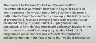 The Centers for Disease Control and Prevention (CDC) recommends that all women between the ages or 15 and 45 years consume 400 micrograms of folic acid daily because: a. birth defects from folate deficiency develop in the last trimester of pregnancy. b. folic acid intake is linked with reduced risk of childhood obesity. c. about half of U.S. pregnancies are unplanned. d. birth defects from folate deficiency develop in the first three to four weeks of pregnancy. e. about half of U.S. pregnancies are unplanned and birth defects from folate deficiency develop in the first three to four weeks of pregnancy.