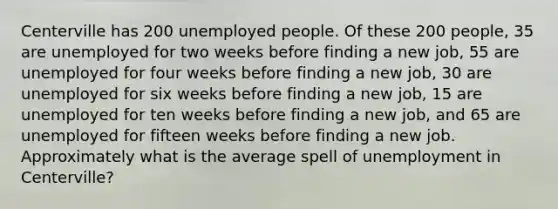 Centerville has 200 unemployed people. Of these 200 people, 35 are unemployed for two weeks before finding a new job, 55 are unemployed for four weeks before finding a new job, 30 are unemployed for six weeks before finding a new job, 15 are unemployed for ten weeks before finding a new job, and 65 are unemployed for fifteen weeks before finding a new job. Approximately what is the average spell of unemployment in Centerville?