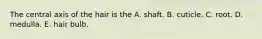 The central axis of the hair is the A. shaft. B. cuticle. C. root. D. medulla. E. hair bulb.