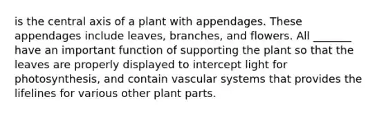 is the central axis of a plant with appendages. These appendages include leaves, branches, and flowers. All _______ have an important function of supporting the plant so that the leaves are properly displayed to intercept light for photosynthesis, and contain vascular systems that provides the lifelines for various other plant parts.